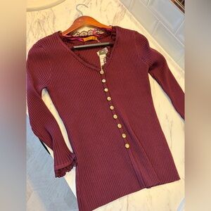 Burgundy Ribbed Sweater with Gold Buttons